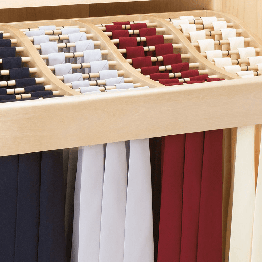 Rev-A-Shelf 30" Wood Pant/Tie Rack, Maple Finish - Full-extension slides, rubber O-rings to prevent slipping and removable pant rods for ease of use.