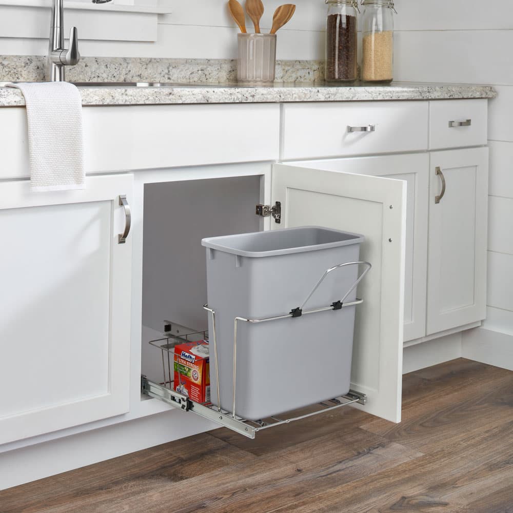 Single 20 QT Bottom-Mount Waste Container Pullout, Ball-Bearing for 18" Cabinet Opening, Gray - Lifestyle