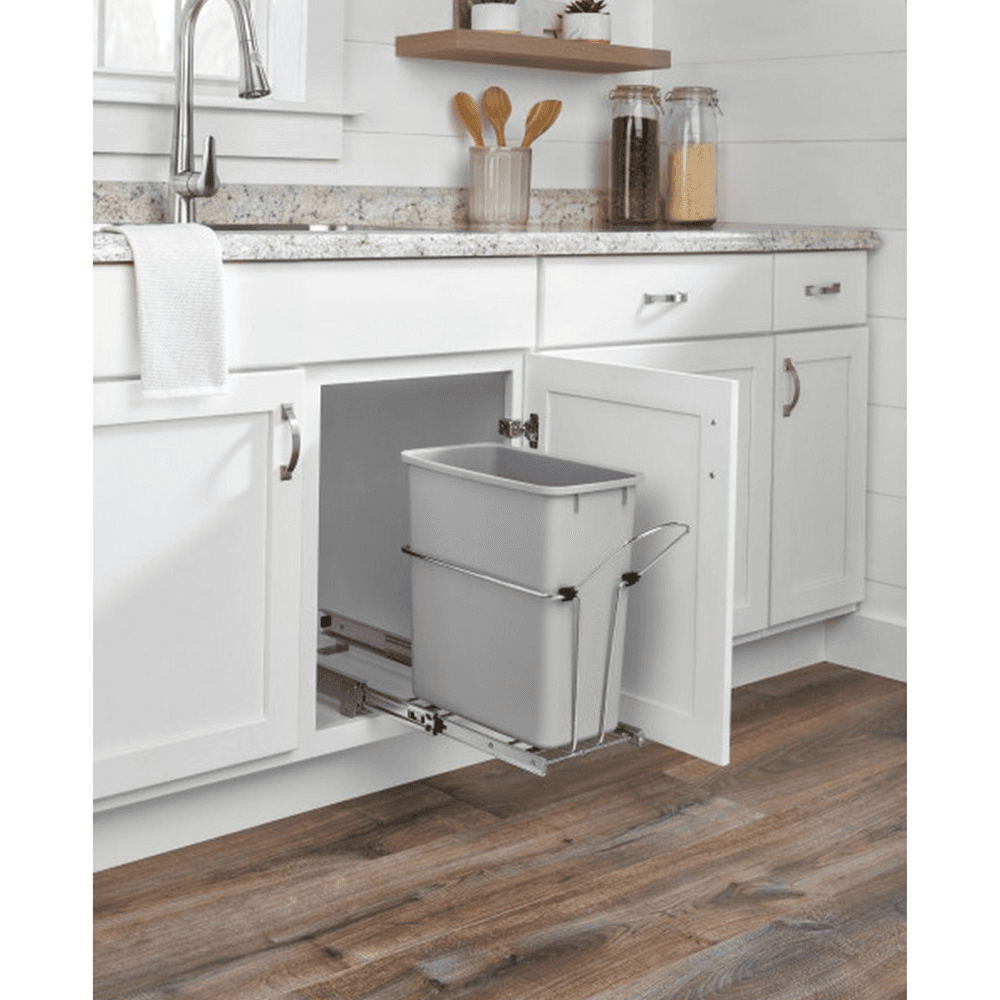 Single 20 QT Bottom-Mount Waste Container Pullout, Ball-Bearing for 18" Cabinet Opening, Gray - Alt Image 1