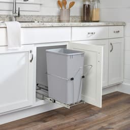 Single 32 QT Bottom-Mount Waste Container Pullout, Ball-Bearing for 12" Base Cabinets, Gray - Lifestyle