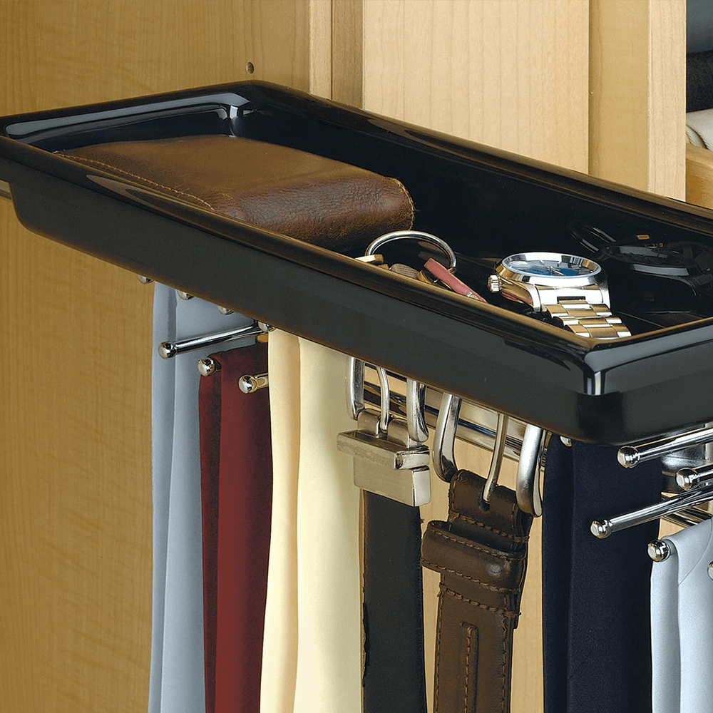 Rev-A-Shelf Tie/Belt Rack With Tray, Chrome Plated Finish - All-in-one organizer for ties, belts and loose items