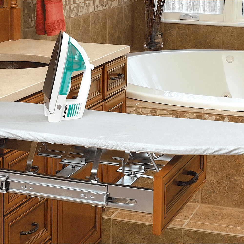 Unique ball bearing slide system for maximum utilization of Rev-A-Shelf ironing board