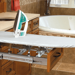 Unique ball bearing slide system for maximum utilization of Rev-A-Shelf ironing board