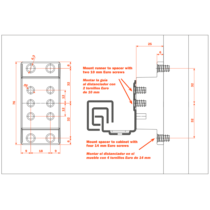 Salice 1" Drawer Spacer Diagram