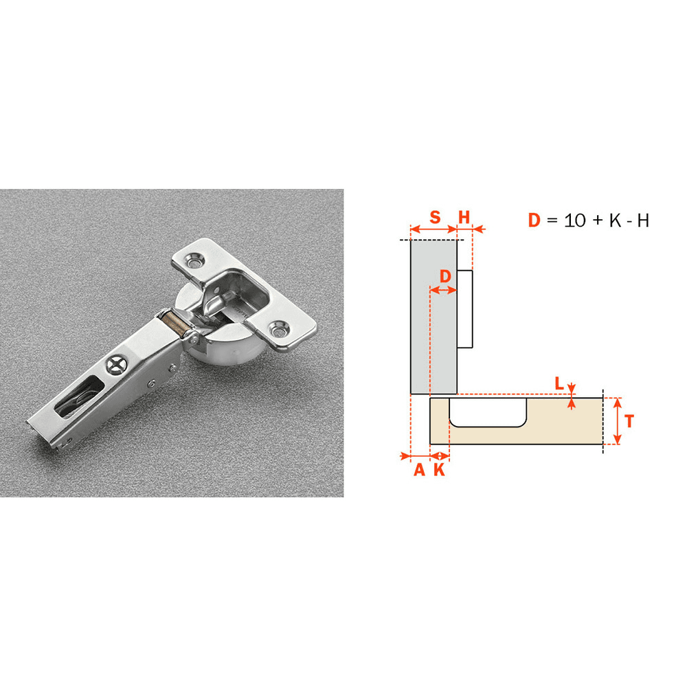 Silentia+ 94° Opening Standard Hinge with Soft-Closing, 1/2" Overlay, Nickel, Dowelled Main - Image
