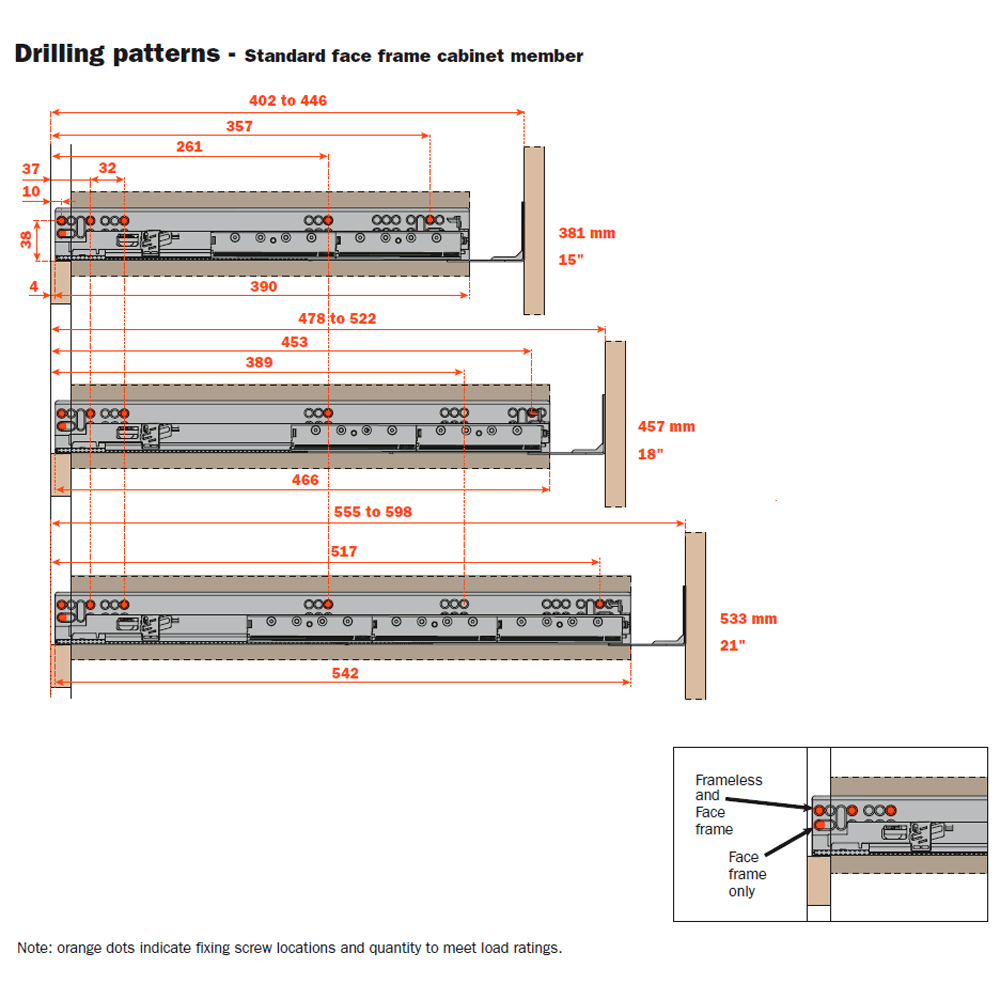 30" Progressa+ Undermount Drawer Slide for 3/4" Material and Faceframe Cabinets - Drill Pattern