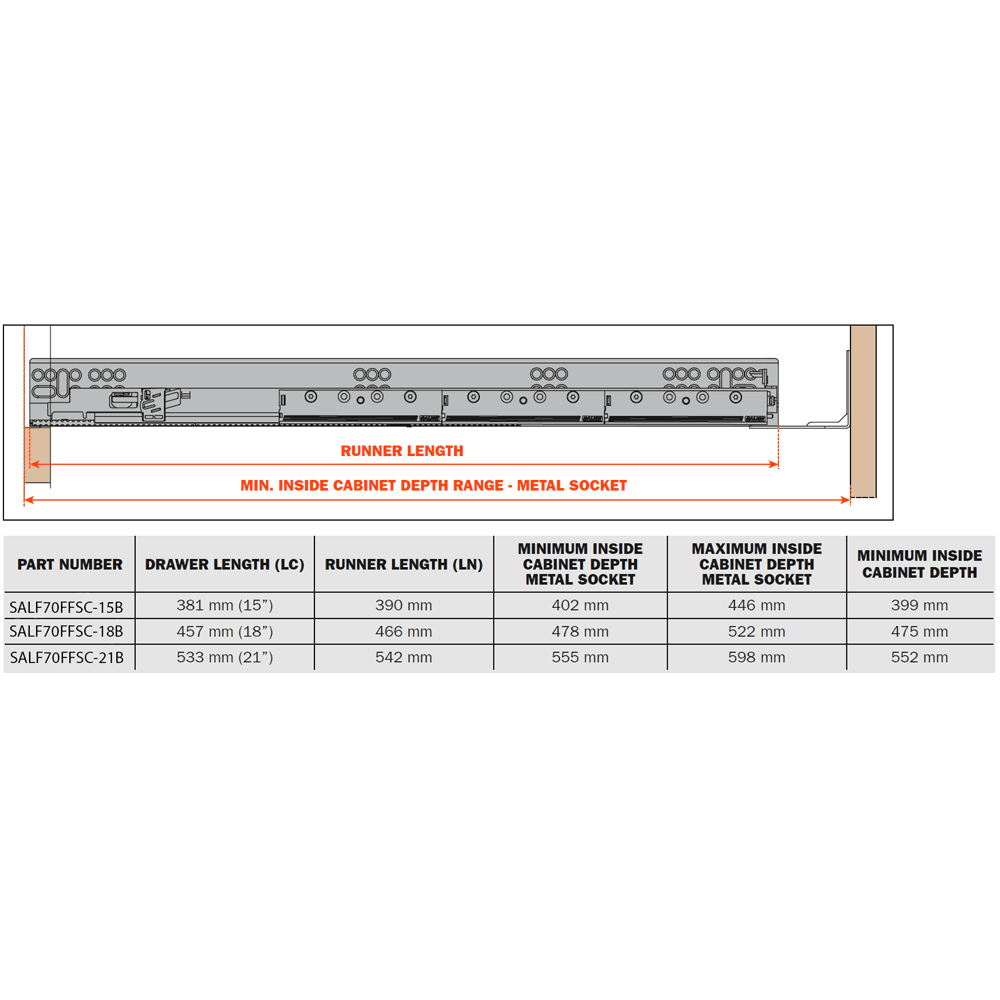 15" Progressa+ Undermount Drawer Slide for 5/8" Material and Frameless Cabinets - Inner Dimensions