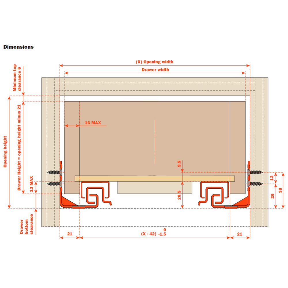 27" Progressa+ Undermount Drawer Slide for 5/8" Material and Faceframe Cabinets - Dimensions
