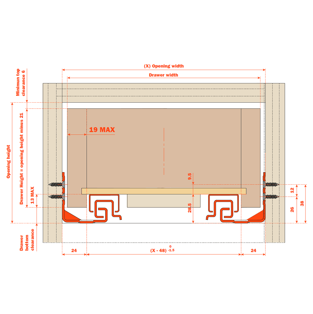 30" Progressa+ Undermount Drawer Slide for 3/4" Material and Faceframe Cabinets - Dimensions