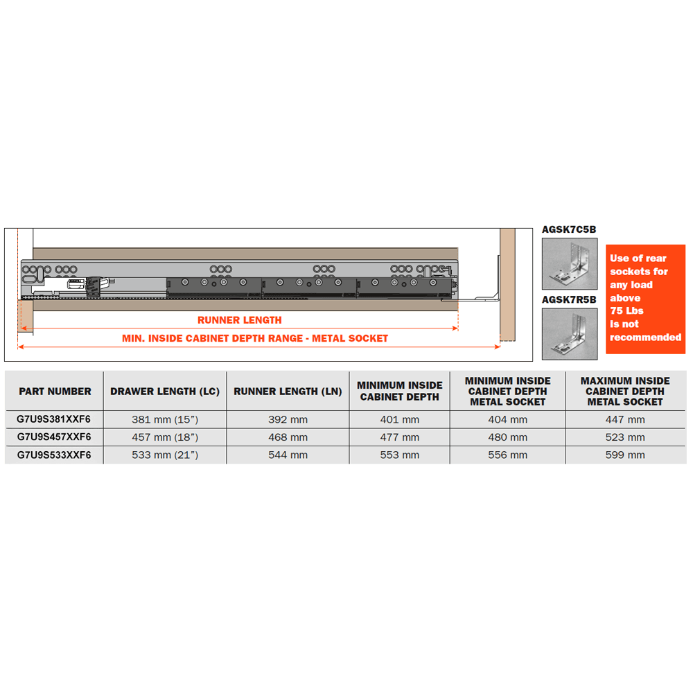 15" Progressa+ Undermount Drawer Slide for 3/4" Material and Frameless Cabinets - Inner Dimensions