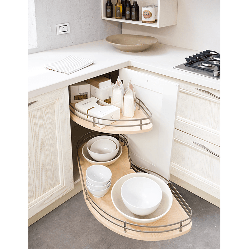 2-Tier Fly Moon Left-Hand Blind Corner Unit with Self-Closing for 13-5/8" Cabinet Opening, Champagne/Maple - Alt Image 1