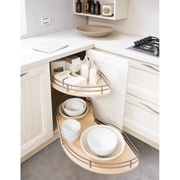 2-Tier Fly Moon Left-Hand Blind Corner Unit with Self-Closing for 13-5/8" Cabinet Opening, Champagne/Maple - Alt Image 1