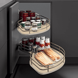 2-Tier Fly Moon Left-Hand Blind Corner Unit with Self-Closing for 21" Cabinet Opening, Champagne/Maple - Alt Image 1