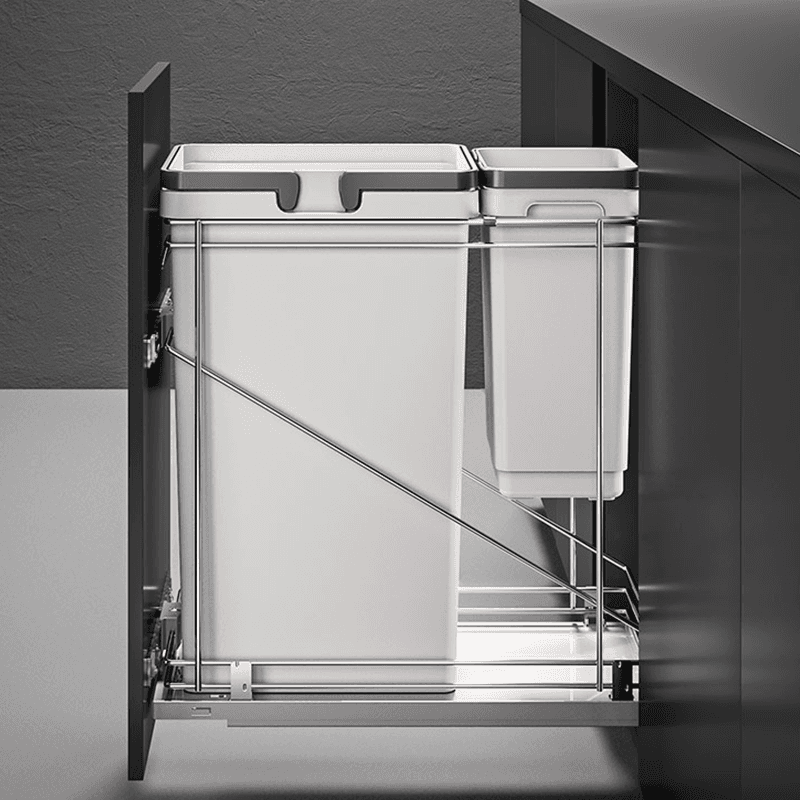 Double 50 QT/11 QT Bottom-Mount Waste Container Pullout with Adjustable Bracket, Gray - Alt Image 1