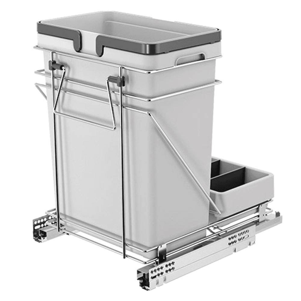 Single 32 QT Bottom-Mount Waste Container Pullout with Rear Bracket for 15" Cabinet Opening, Gray - Main Image