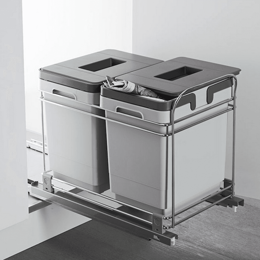 Double 16 QT Bottom-Mount Waste Container Pullout with Lid/Handle for 12" Cabinet Opening, Gray - Alt Image 1