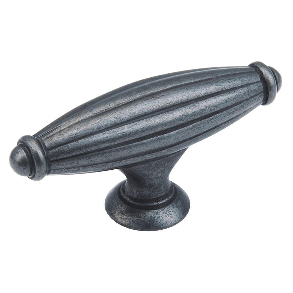Close-up of Schaub & Co Distressed Bronze 64mm Mantistique Oval T-Knob on Wood Cabinet