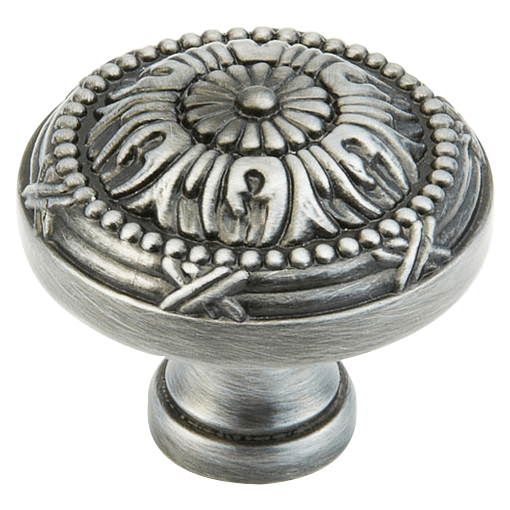 Antique Pewter Schaub & Co Round Knob - Close-Up View