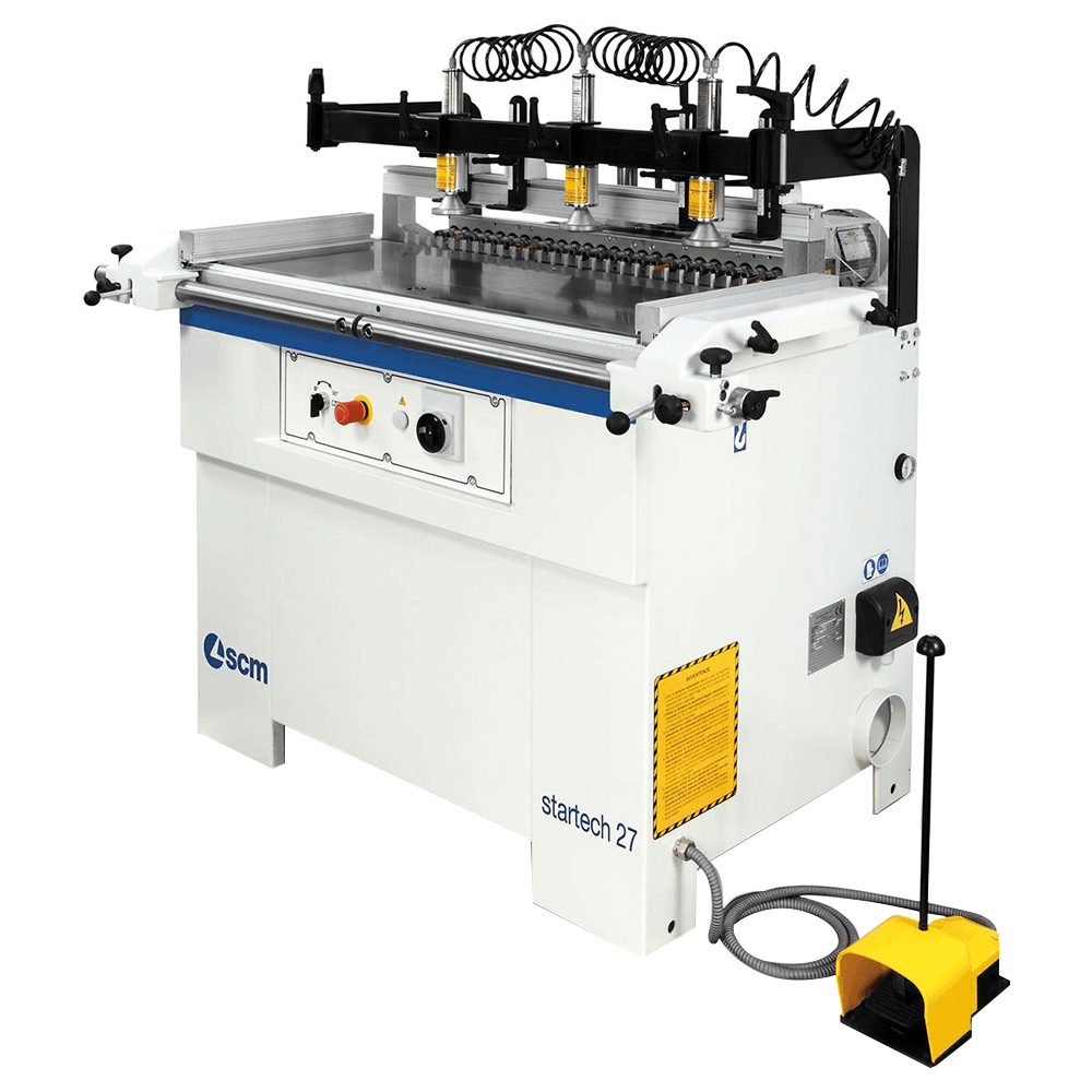 SCM 3-Phase 27 hole construction/in-line Boring machine that bores from below the panel piece, two pneumatic clamps, fence for horizontal boring at 45°, w/18 quick-change - Main Image