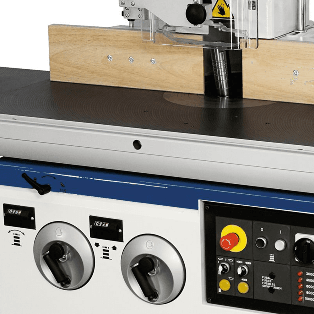 SCM 3-Phase 11Hp Tilting 1.25' Interchangeable Spindle Shaper & MK4 interchangeable spindle w/5.5' of useable spindle below the nut - Alt Image 2