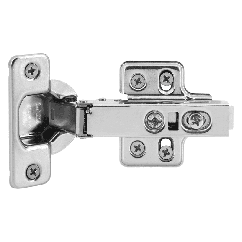 101° Opening Standard Euro Hinge with Catch, 19 Overlay, Stainless Steel, Screw-On Alt 1 - Image
