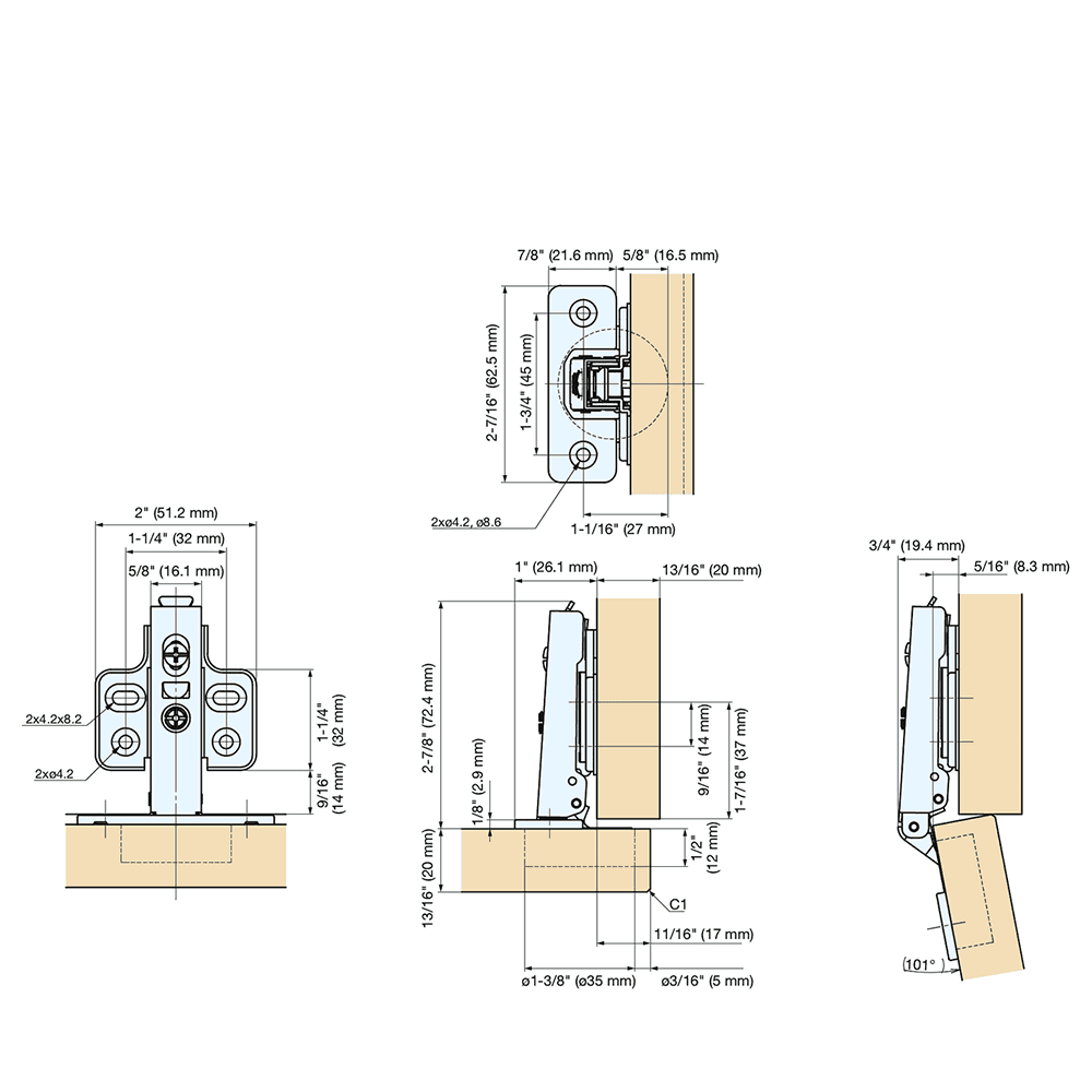 101° Opening Standard Euro Hinge with Catch, 19 Overlay, Stainless Steel, Screw-On Alt 2 - Image