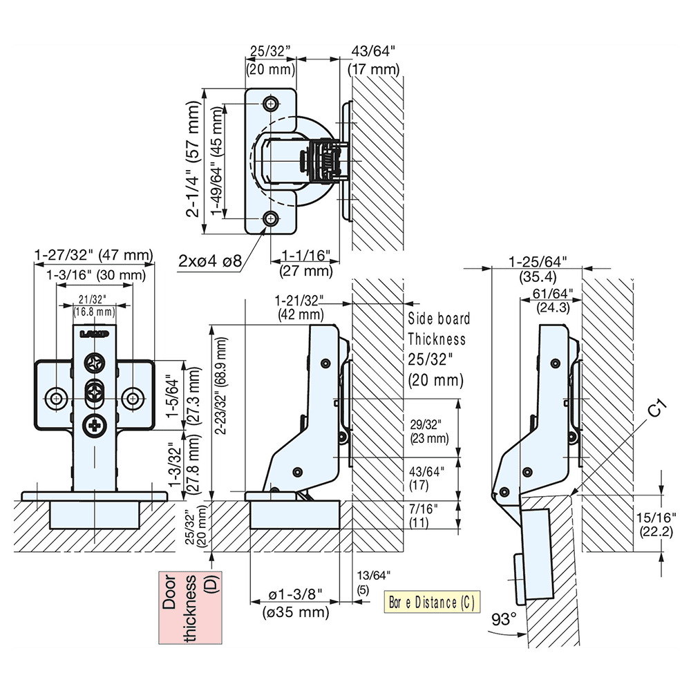 105° Opening Concealed Hinge, Free-Swinging, Steel, Nickel, Screw-On Alt 3 - Image