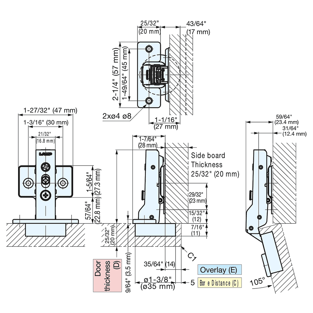 105° Opening Concealed Hinge, Free-Swinging, 14mm Overlay, Nickel, Screw-On Alt 3 - Image