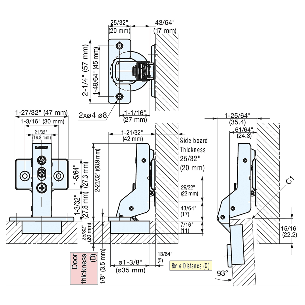 93° Opening Concealed Hinge, Free-Swinging, Nickel, Screw-On Alt 3 - Image