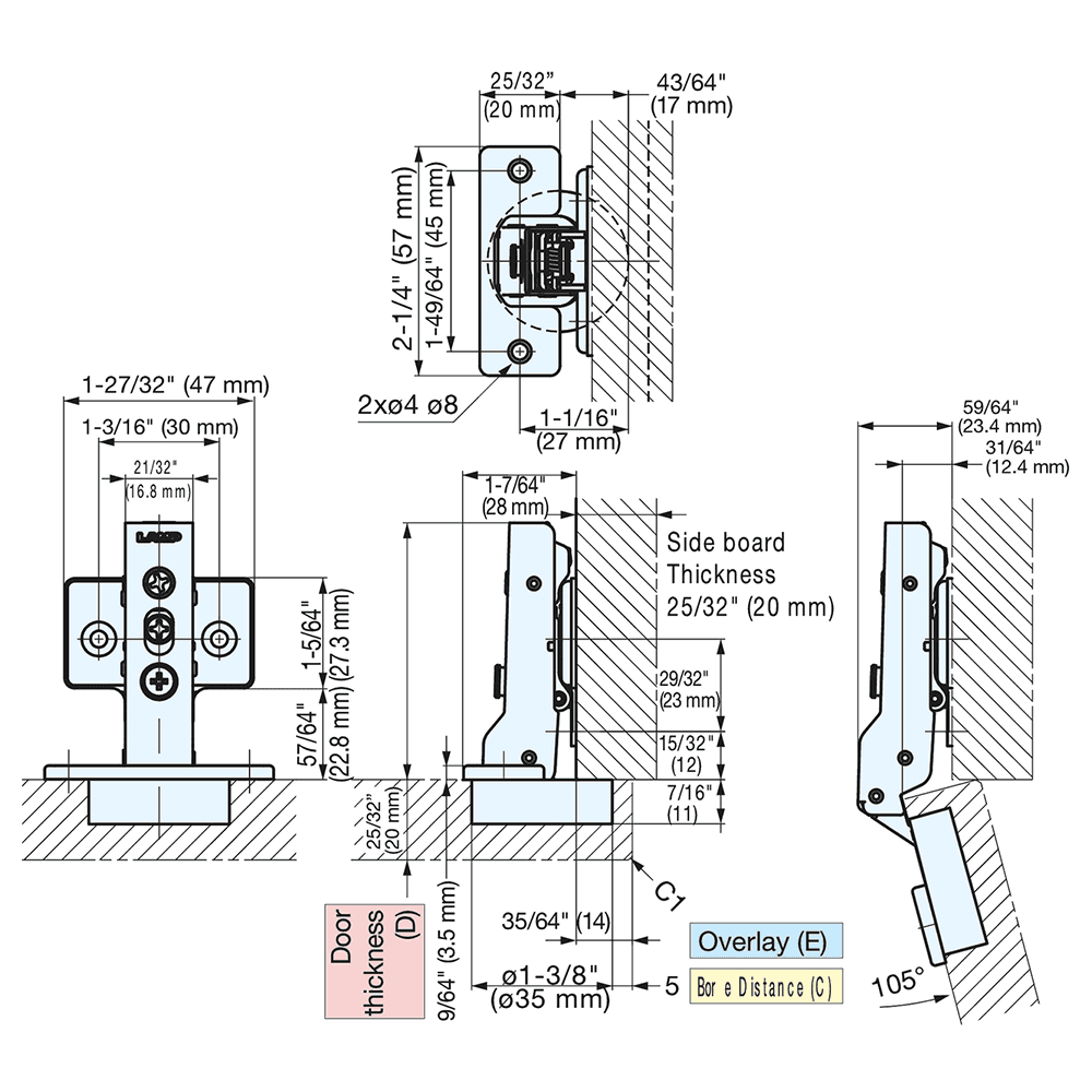 105° Opening Concealed Hinge, Self-Closing, Free-Swinging, 14mm Overlay, Nickel, Screw-On Alt 3 - Image