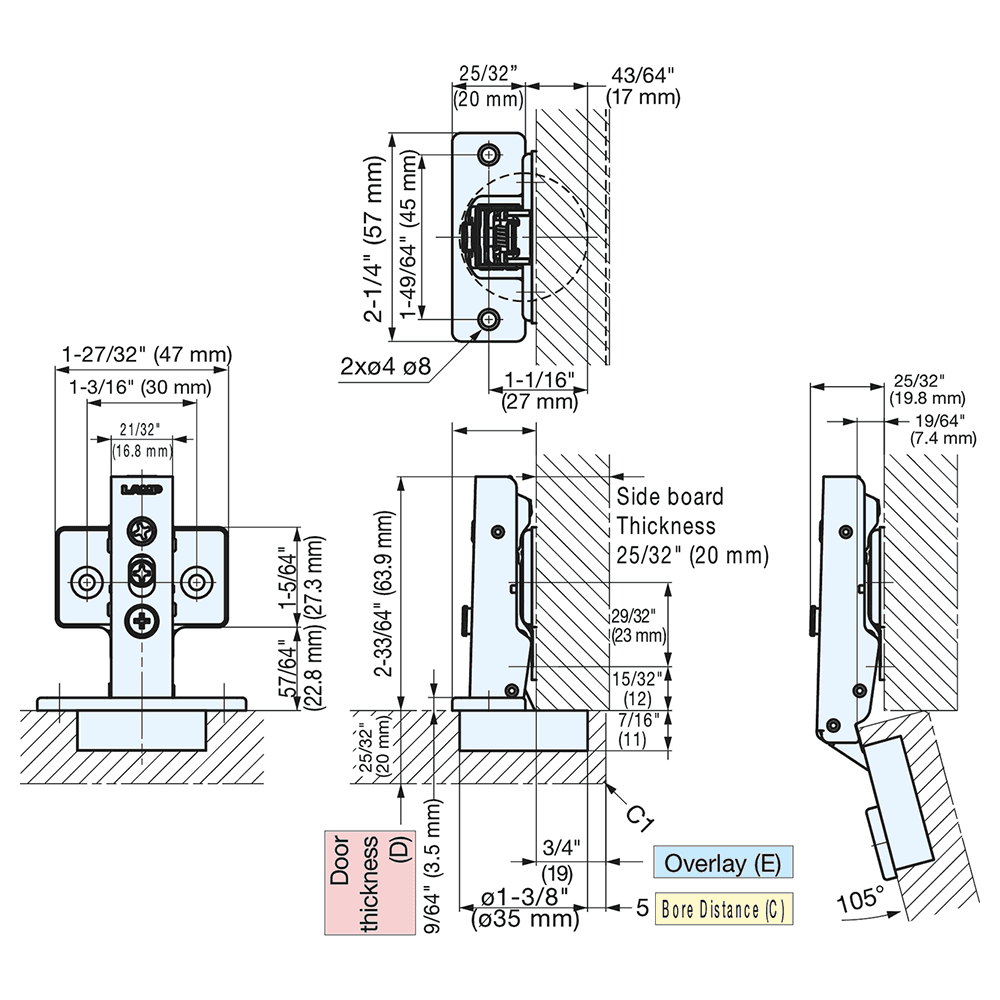 105° Opening Concealed Hinge, Self-Closing, Free-Swinging, 19mm Overlay, Nickel, Screw-On Alt 3 - Image