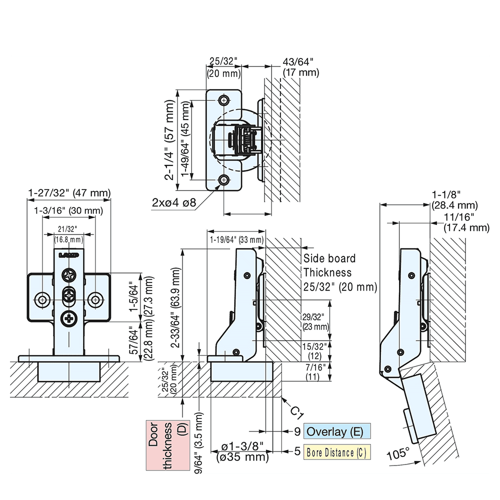 105° Opening Concealed Hinge, Self-Closing, Free-Swinging, 9mm Overlay, Nickel, Screw-On Alt 3 - Image