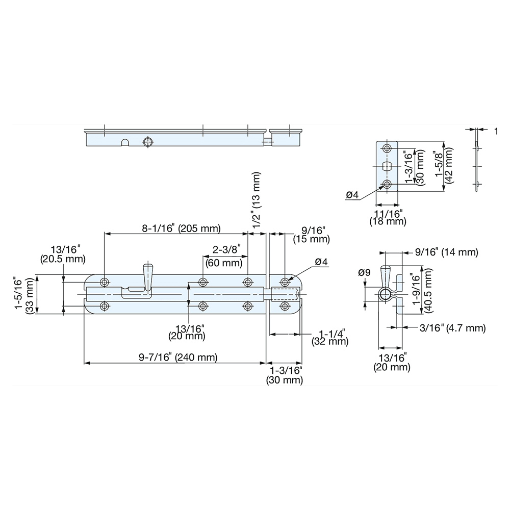 9-7/16" Spring Loaded Barrel Bolt, Satin/Plain Alt 4 - Image