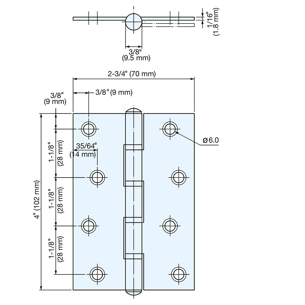 70mm x 102mm Butt Hinge, Satin Stainless Steel Alt 4 - Image