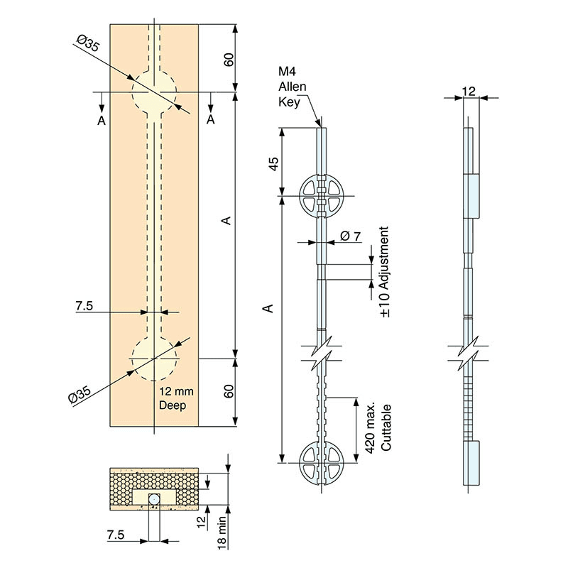 1524mm DSR403 Concealed Door Straightener with Cover Cap Plain/Nickel (25/Box) - Alt Image 2