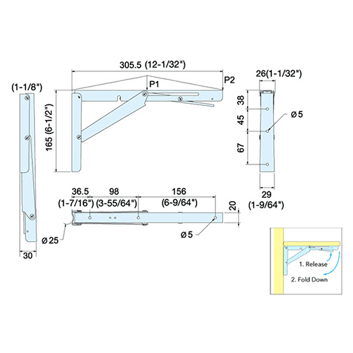 Sugatsune Folding Shelf Bracket in Electro Polished Finish