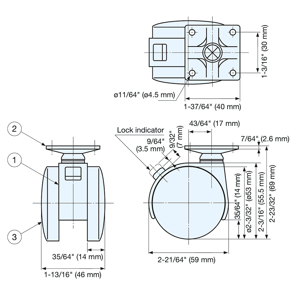 1-13/16" Plate Type Twin Wheel Caster with Break, Black Alt 4 - Image
