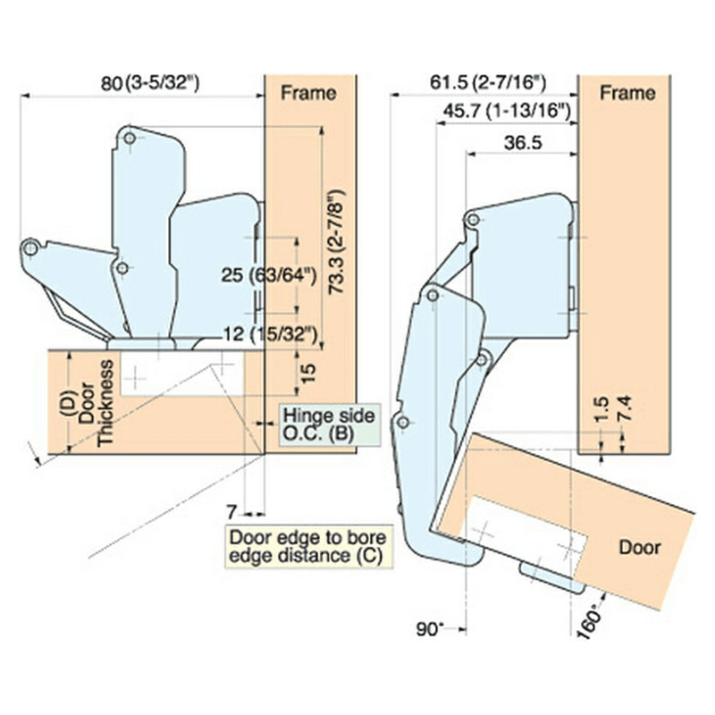 H160 European Concealed 90&#730; Opening Hinge, Inset, Free Swinging, Satin Chrome - Alt Image 1