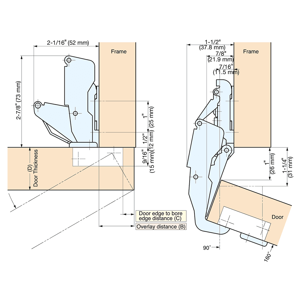 H160 European Concealed 90&#730; Opening Hinge, 28mm Overlay, Self-Closing, Satin Chrome - Alt Image 1