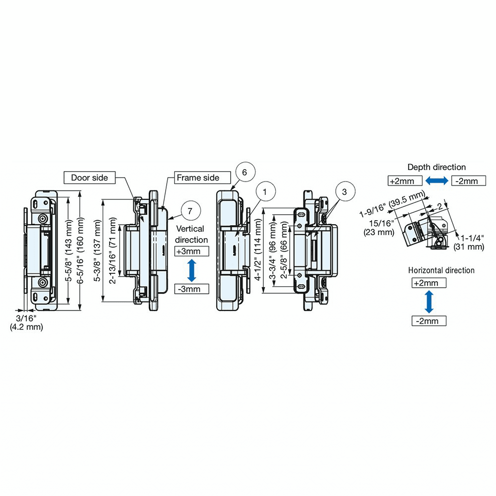 HES2S 3-Way Adjustable Concealed 110° Opening Hinge (Frame-Surface Mount), Black Alt 7 - Image