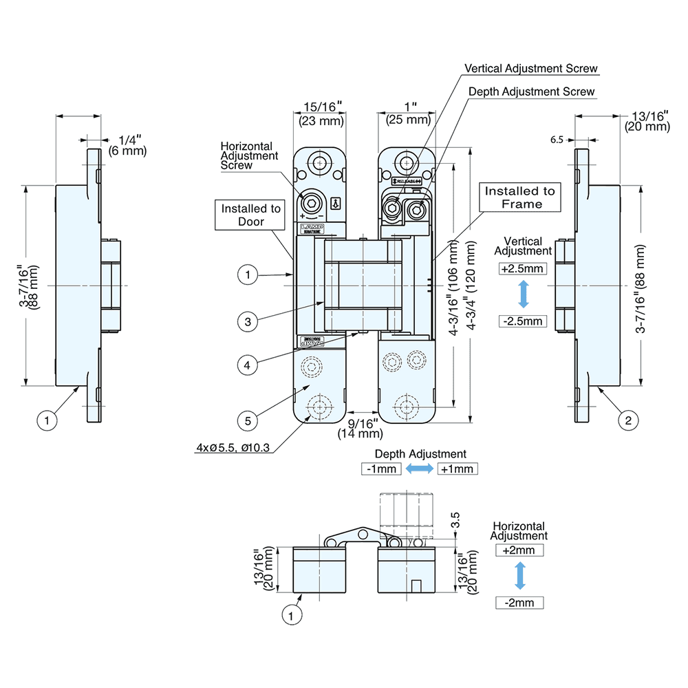 HES3D 3-Way Adjustable Concealed Hinge, Dull Chrome Alt 9 - Image