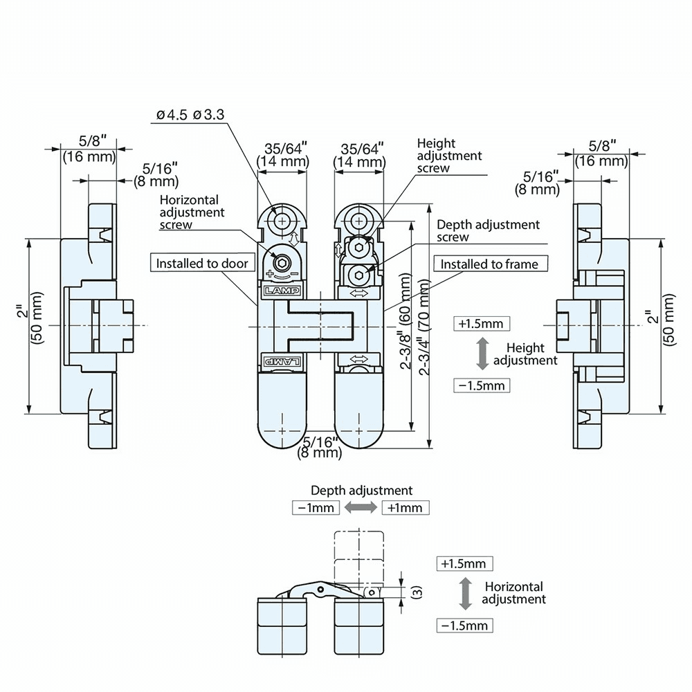 HES3D-70 3-Way Adjustable Concealed Hinge, Dull Chrome Alt 12 - Image