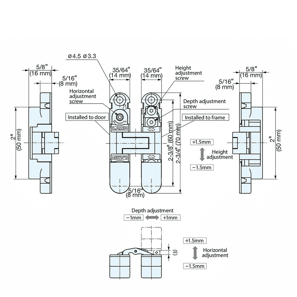 HES3D-70 3-Way Adjustable Concealed Hinge, Dull Nickel Alt 6 - Image