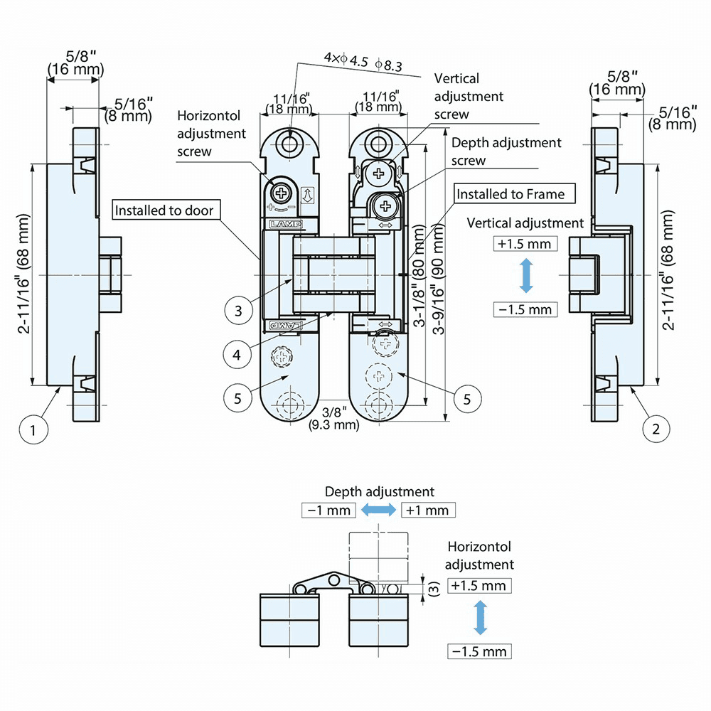 HES3D-90 3-Way Adjustable Concealed Hinge, Dull Nickel Alt 9 - Image