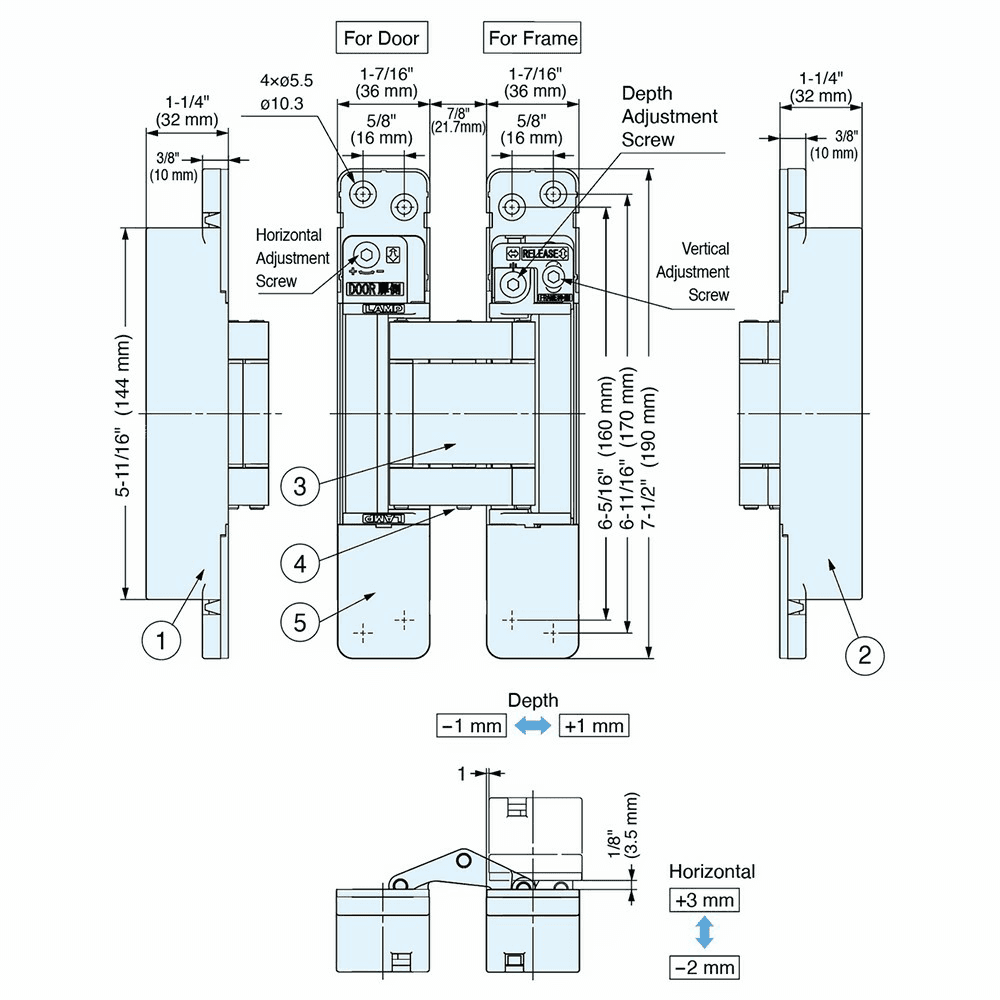 HES3D-W190 3-Way Adjustable Concealed Hinge for Cladded Doors with UL Rated, Dull Nickel Alt 15 - Image