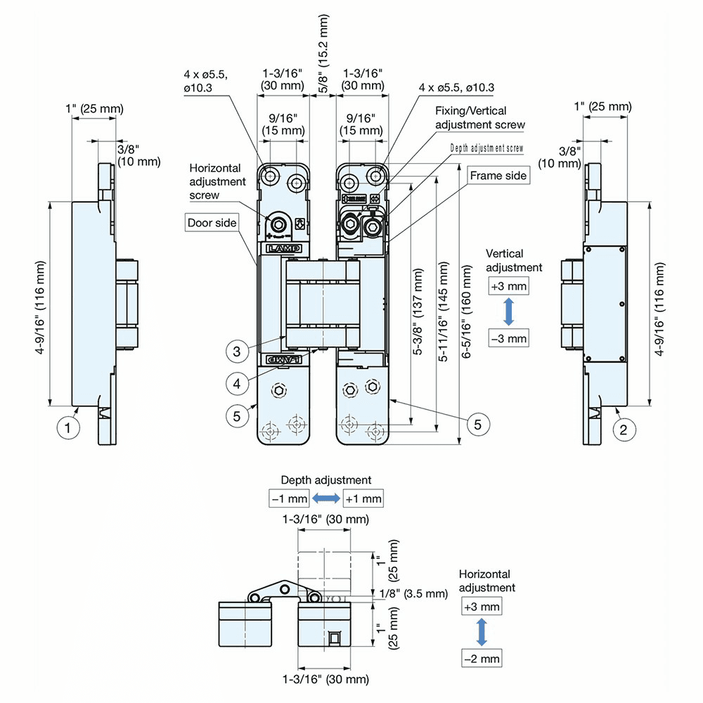 HES3D-E160 3-Way Adjustable Concealed Hinge, Dull Chrome Alt 11 - Image