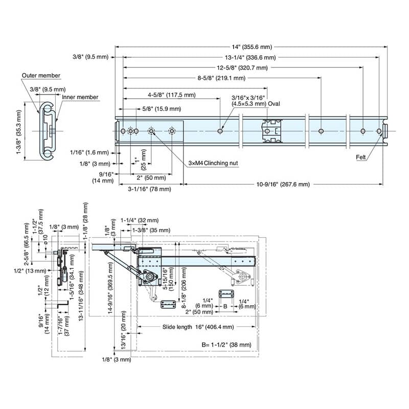 16" Single Soft-Closing Receding Door Mechanism, Nickel, 18mm - 30mm Door Thickness - Alt Image 4