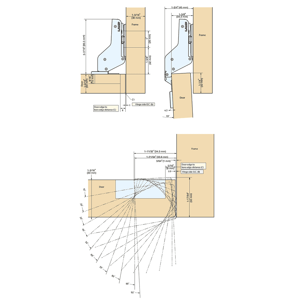 93° Opening Standard Euro Hinge, Free Swinging, Nickel, Inset Alt 1 - Image