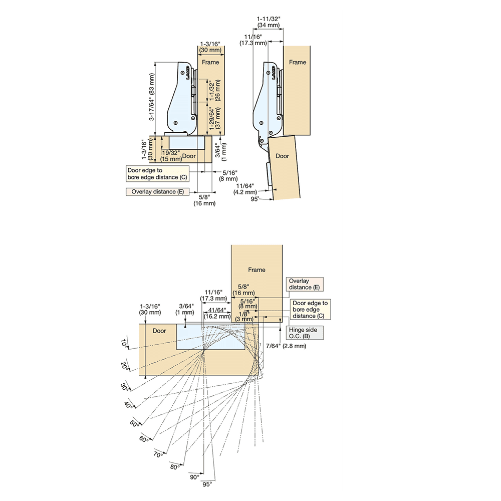 93° Opening Standard Euro Hinge, Free Swinging, 5/8" Overlay, Black Nickel, Screw-On Alt 3 - Image