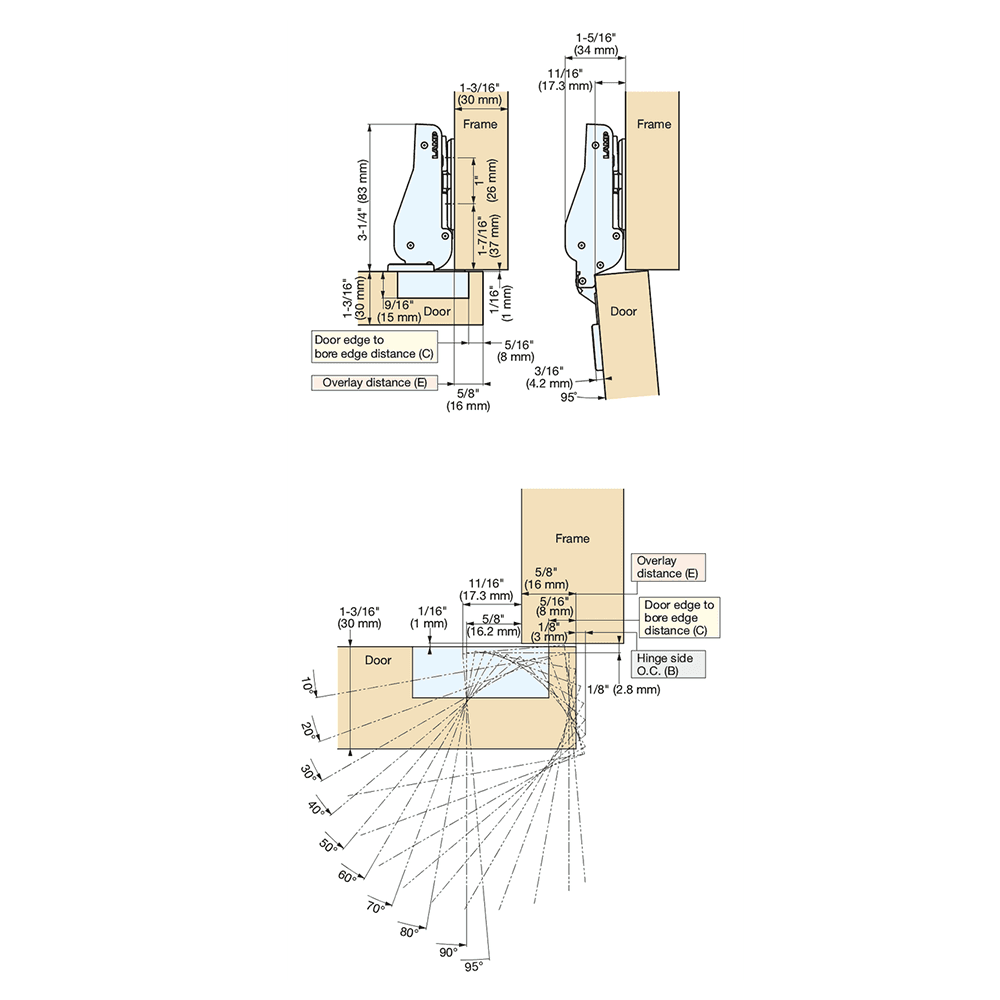 93° Opening Standard Euro Hinge, Free Swinging, 5/8" Overlay, Nickel, Screw-On Alt 1 - Image